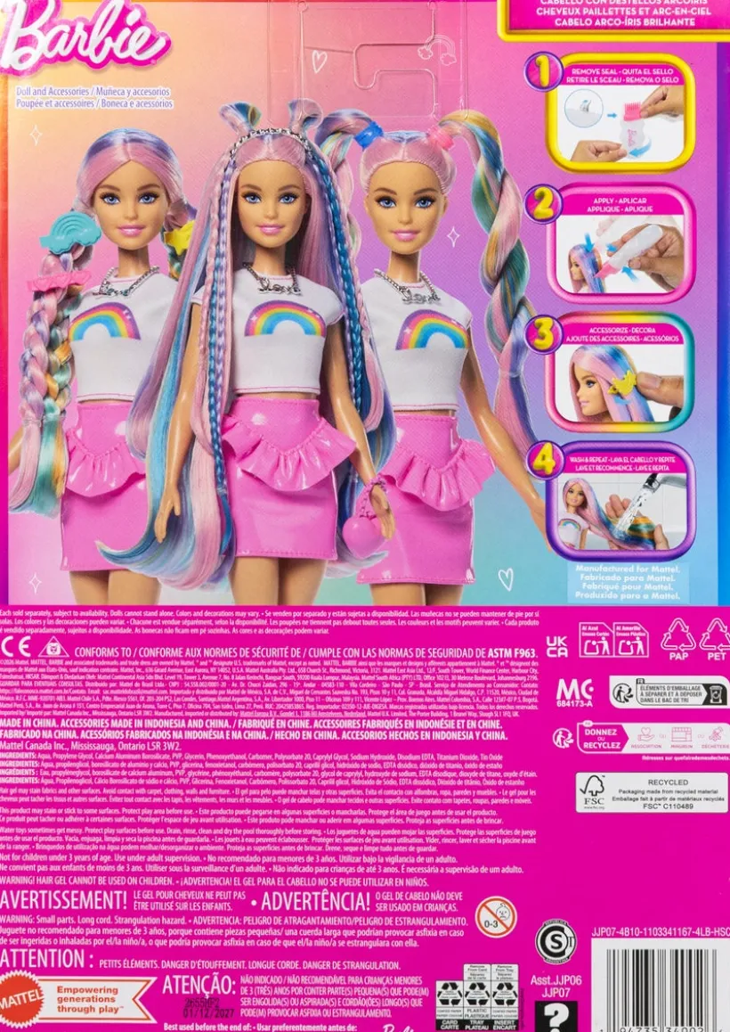 Barbie Rainbow Sparkle Hair dukke med langt hår og tilbehør