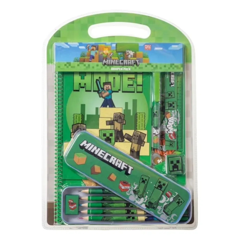 MINECRAFT, stort skrivesett med metallpenal og A4-notatbok