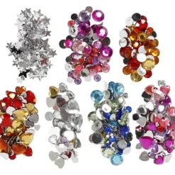 Rhinestones i eske, blå, rosa, sølv, runde, stjerner, hjerter